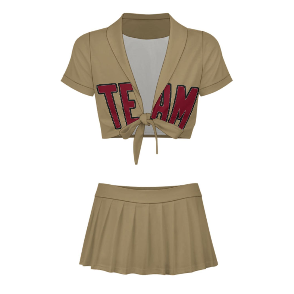 Custom Light Khaki Crimson Red Cheerleading Uniform Set