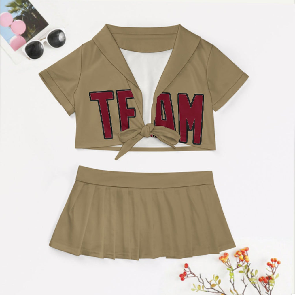 Custom Light Khaki Crimson Red Cheerleading Uniform Set