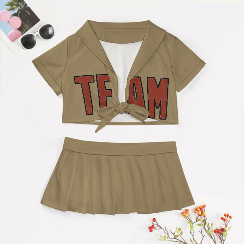 Custom Light Khaki Coral Red Cheerleading Uniform Set