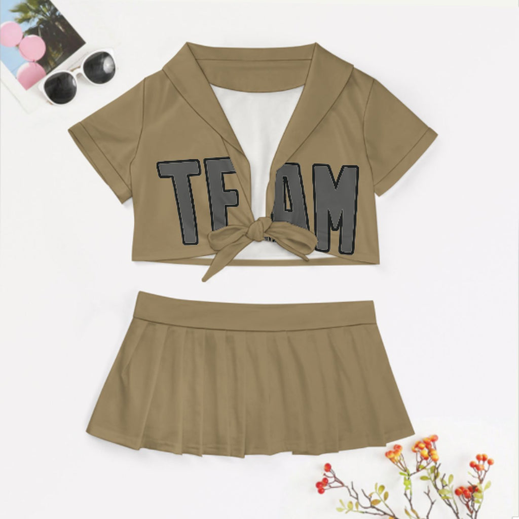 Custom Light Khaki Dark Grey Cheerleading Uniform Set