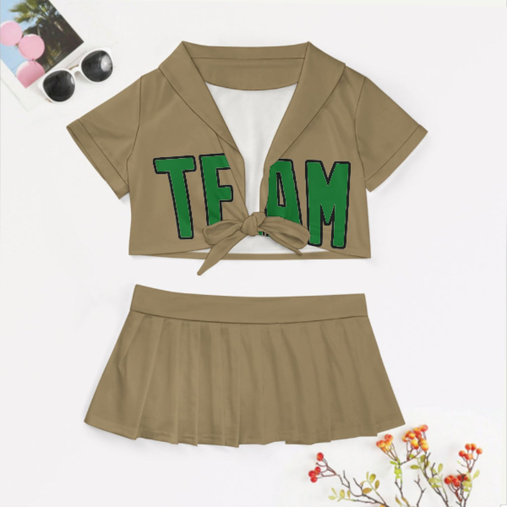 Custom Light Khaki Emerald Green Cheerleading Uniform Set