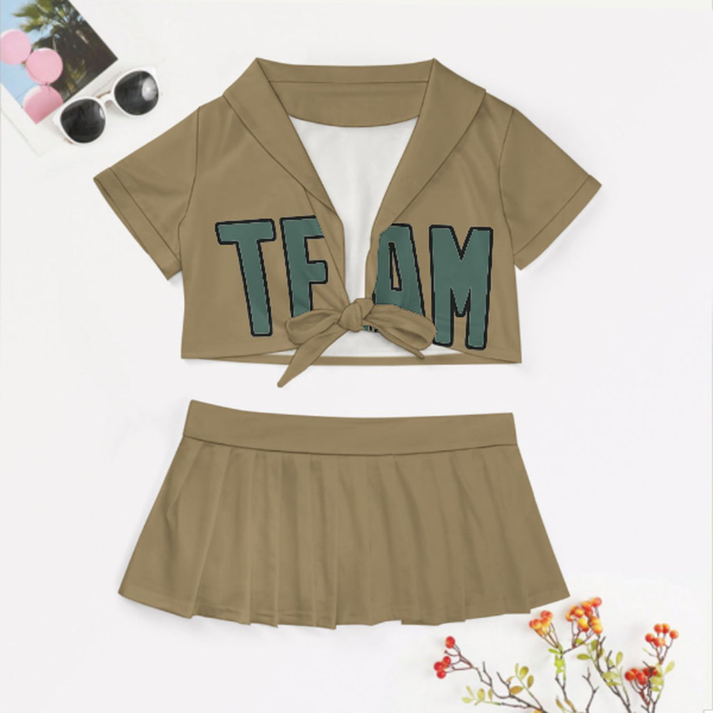 Custom Light Khaki Blue Green Cheerleading Uniform Set
