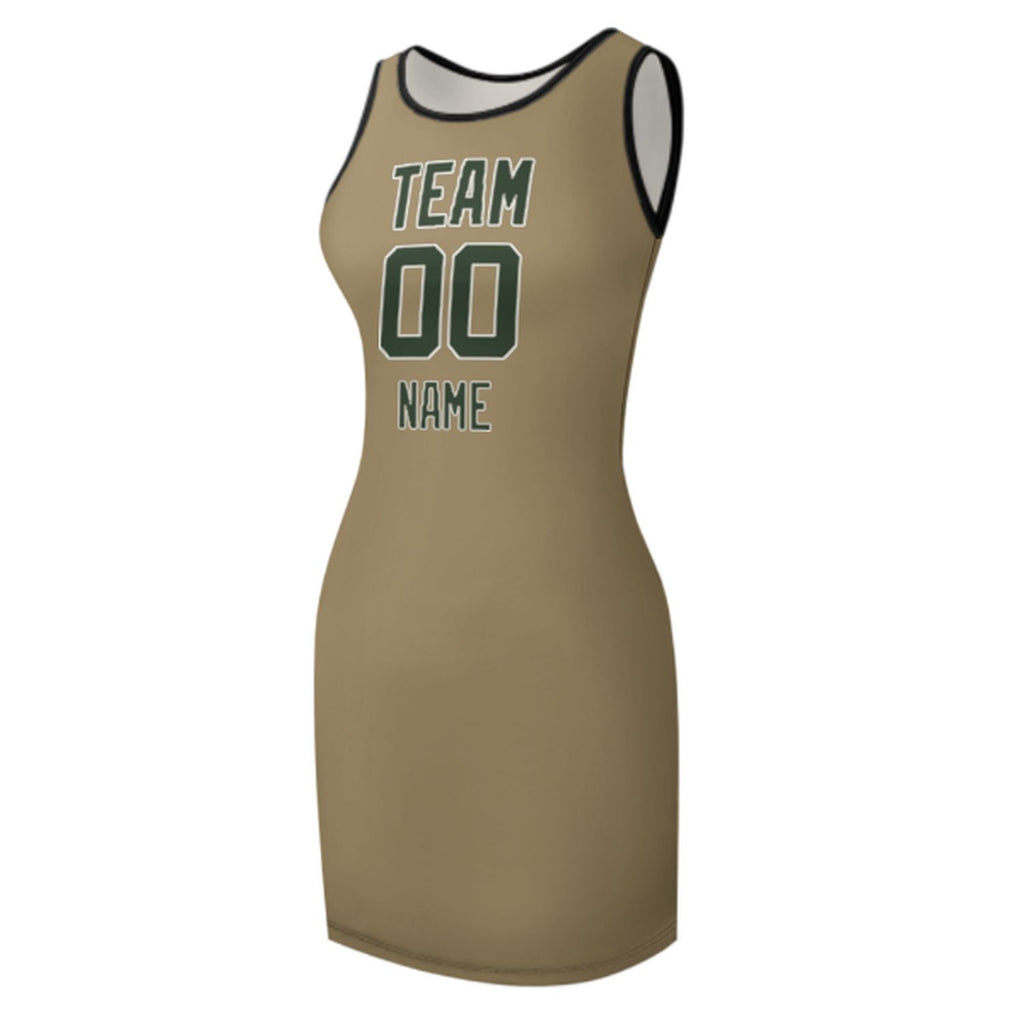 Custom Light Khaki Dark Green Sleeveless Vest Dress