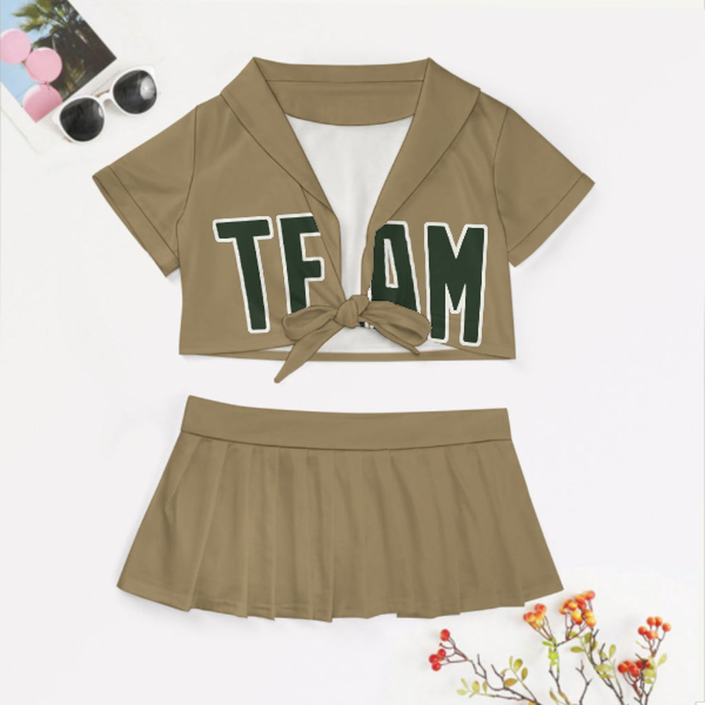 Custom Light Khaki Dark Green Cheerleading Uniform Set