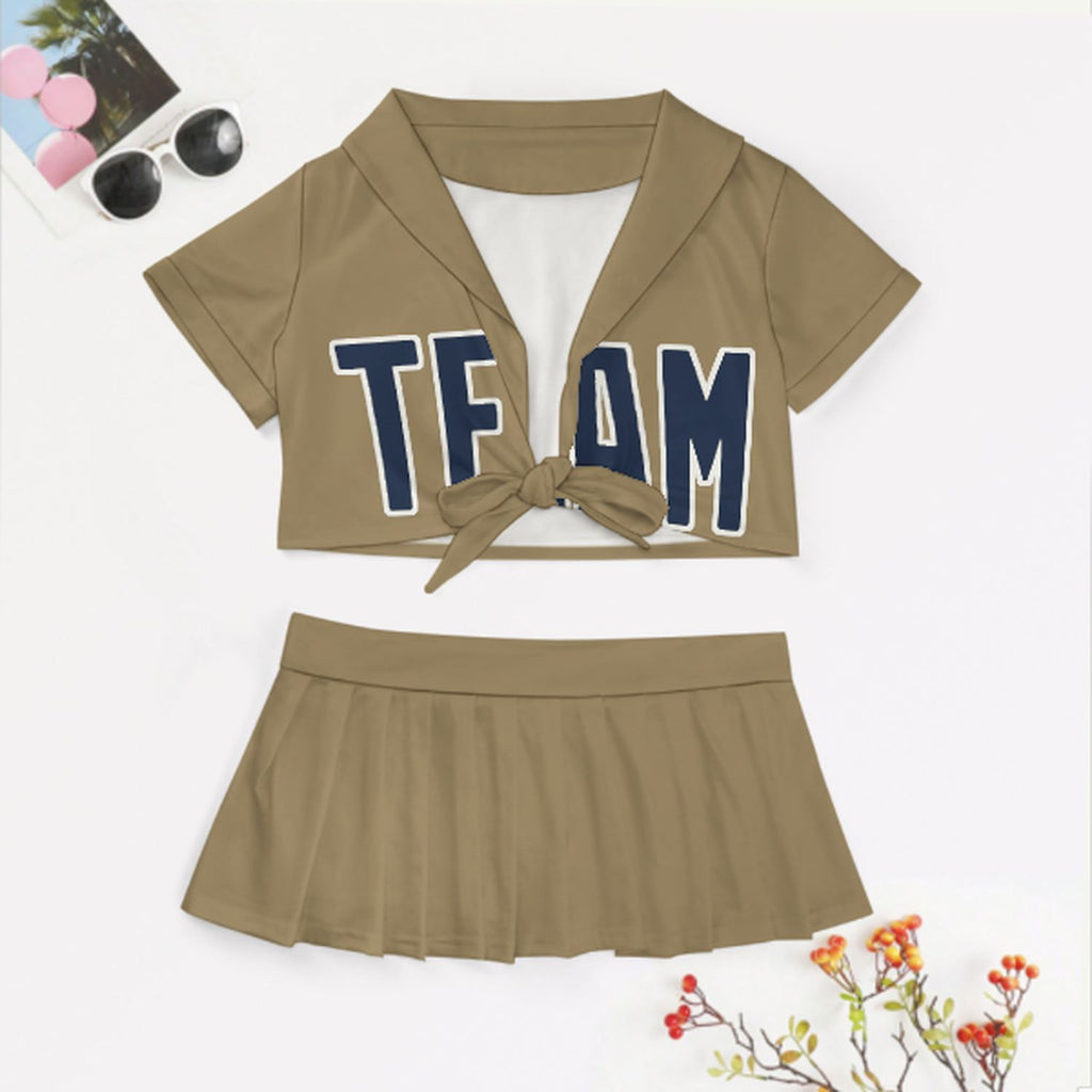 Custom Light Khaki Blue Cheerleading Uniform Set