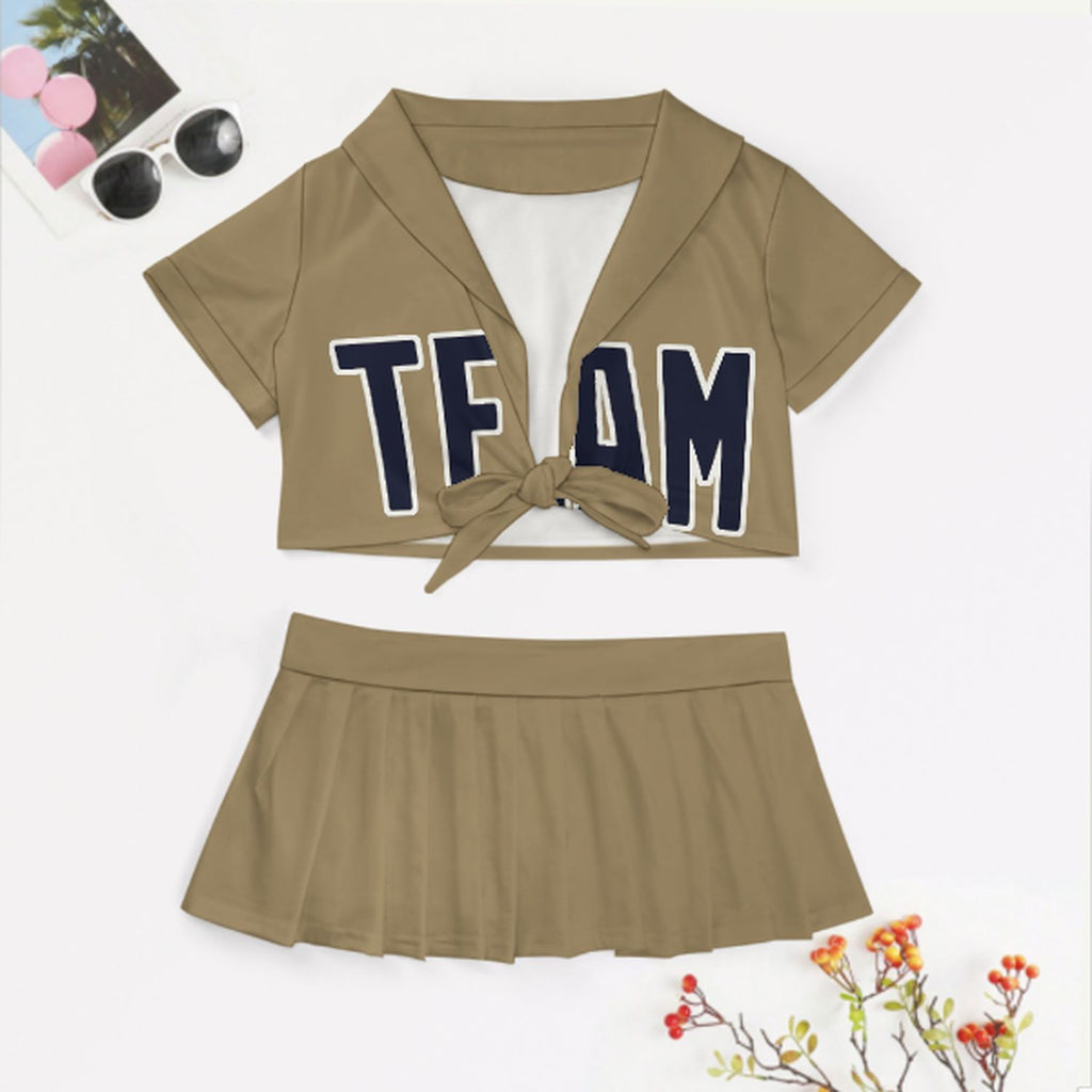 Custom Light Khaki Navy Cheerleading Uniform Set