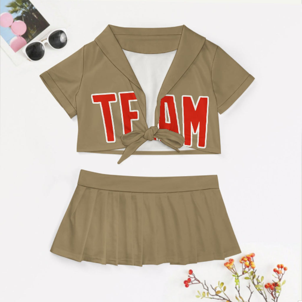 Custom Light Khaki Orange Red Cheerleading Uniform Set