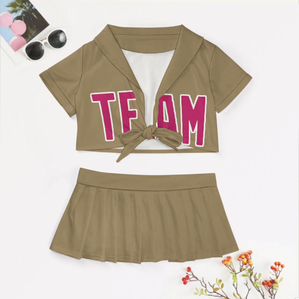 Custom Light Khaki Pink Cheerleading Uniform Set