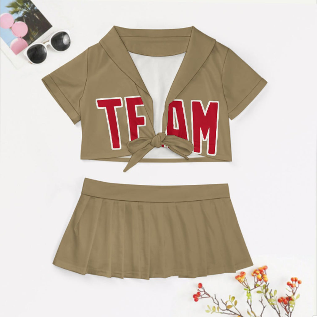 Custom Light Khaki Red Cheerleading Uniform Set