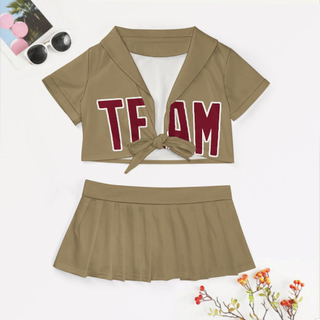 Custom Light Khaki Crimson Red Cheerleading Uniform Set