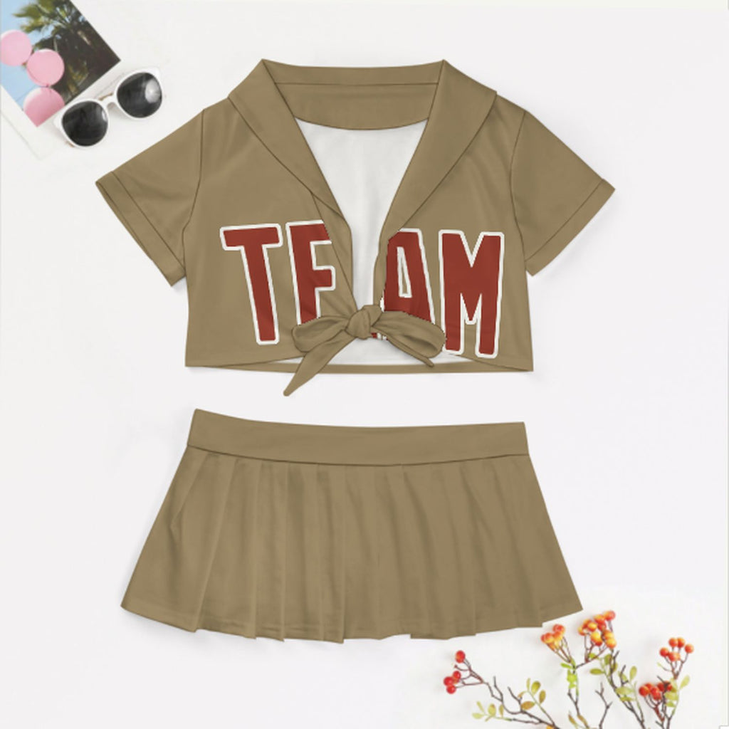 Custom Light Khaki Coral Red Cheerleading Uniform Set