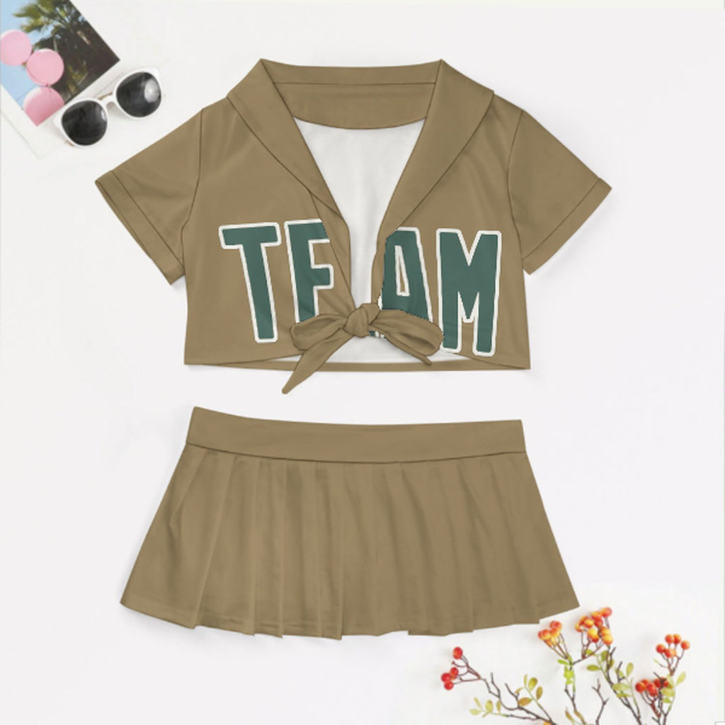 Custom Light Khaki Blue Green Cheerleading Uniform Set