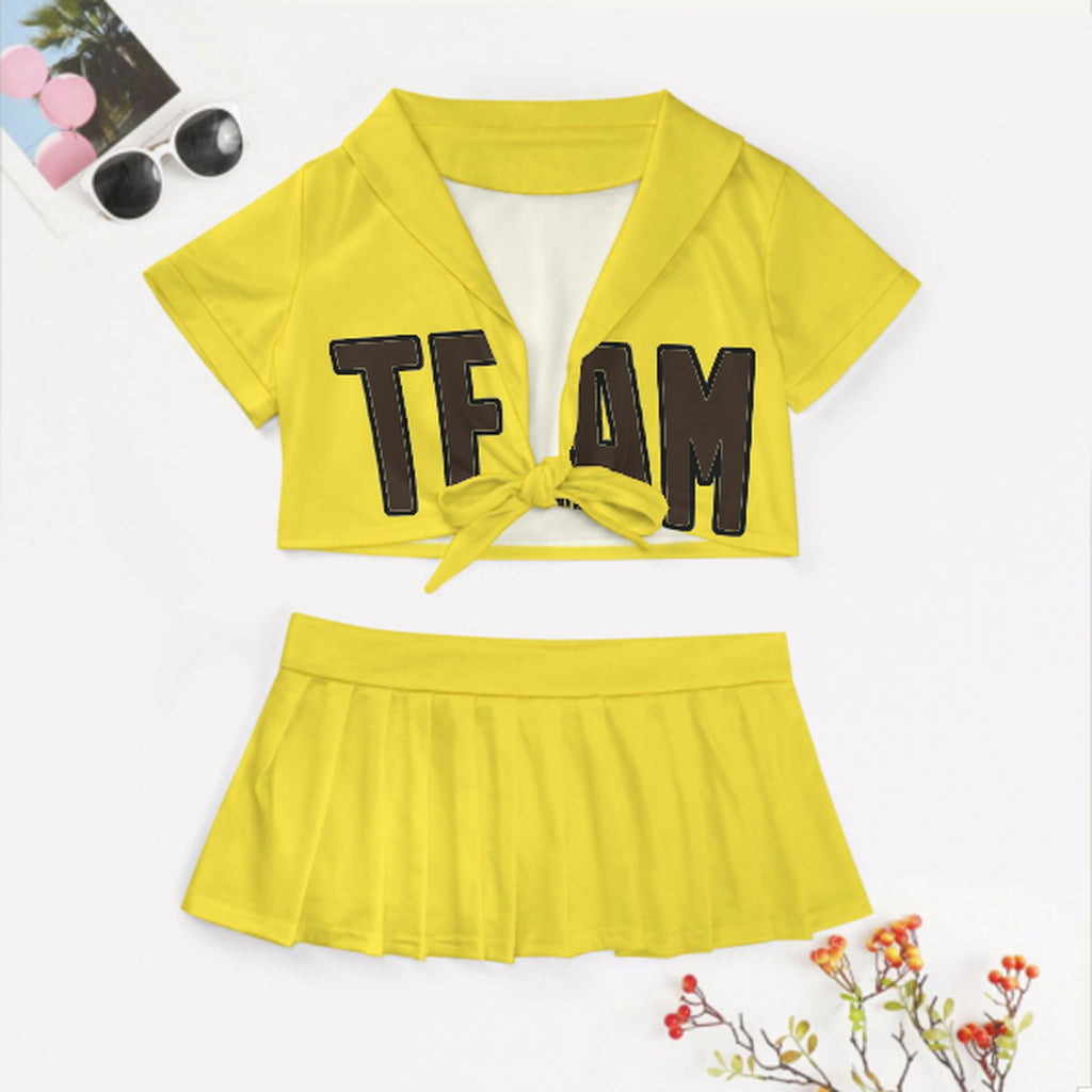 Custom Light Yellow Brown Cheerleading Uniform Set
