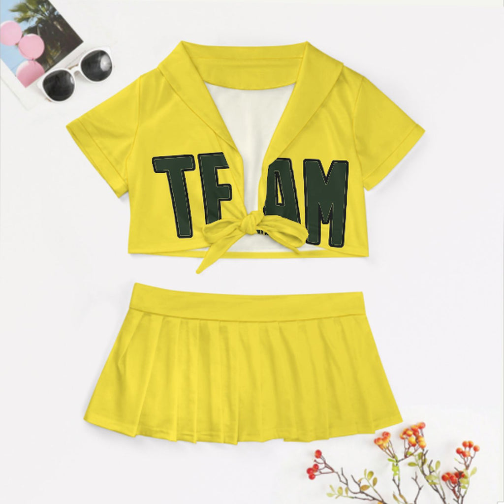 Custom Light Yellow Dark Green Cheerleading Uniform Set