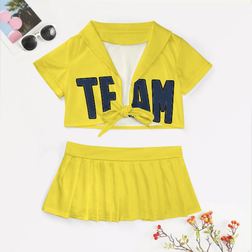 Custom Light Yellow Blue Cheerleading Uniform Set