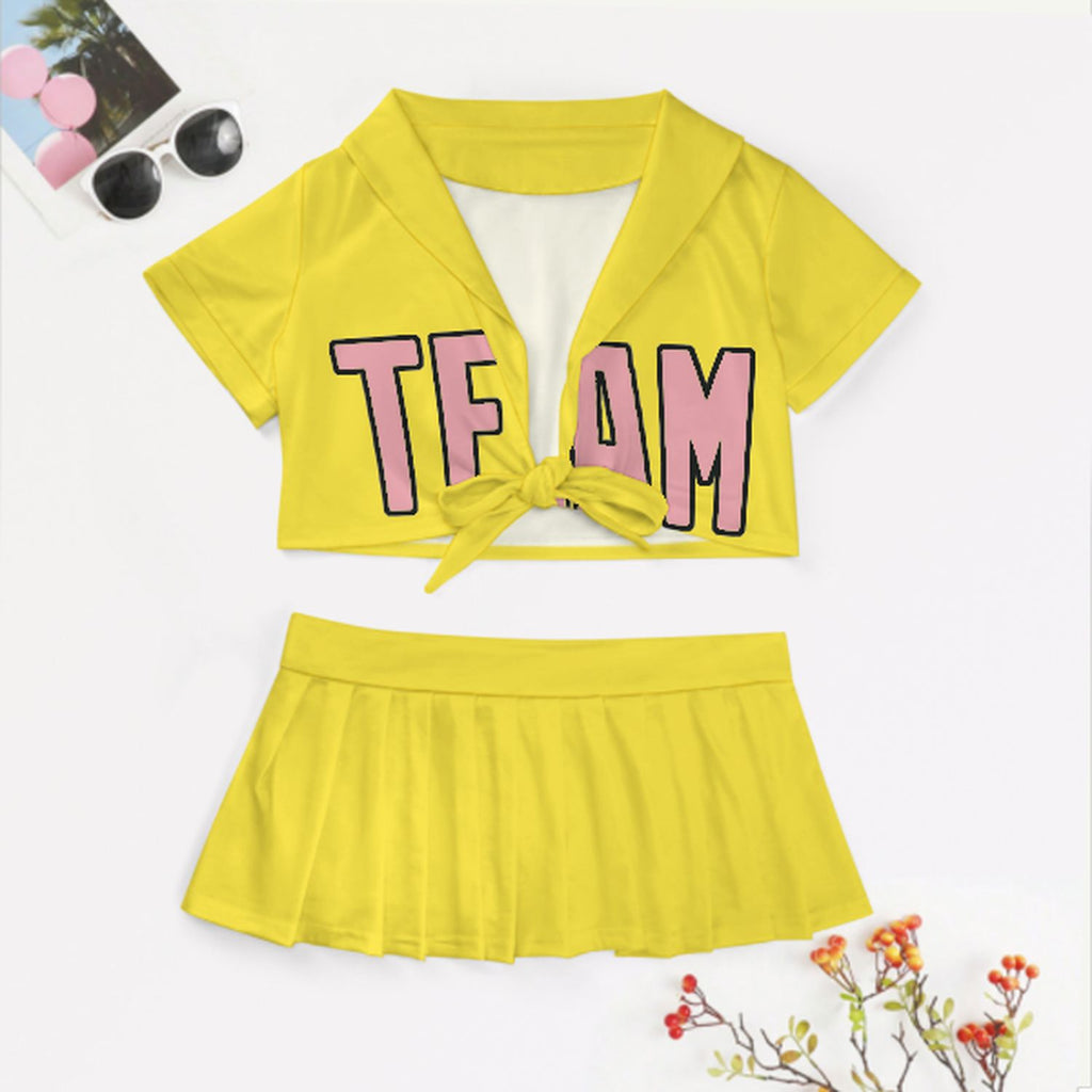 Custom Light Yellow Light Pink Cheerleading Uniform Set
