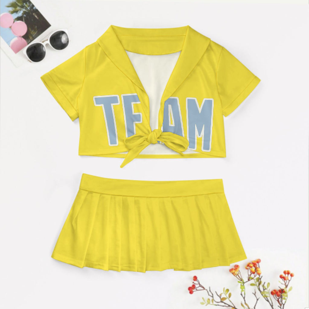 Custom Light Yellow Light Blue Cheerleading Uniform Set