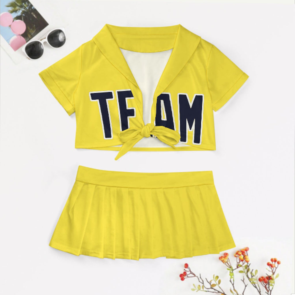 Custom Light Yellow Navy Cheerleading Uniform Set