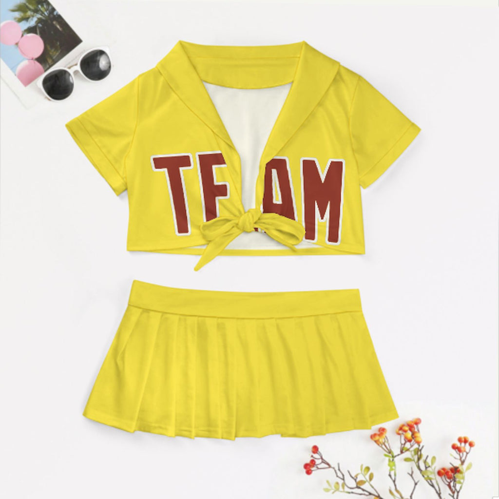 Custom Light Yellow Coral Red Cheerleading Uniform Set