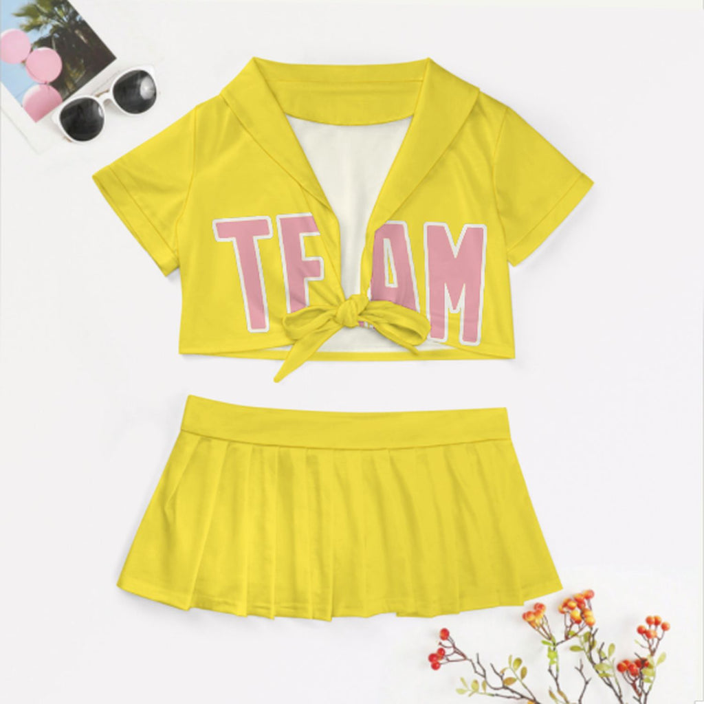 Custom Light Yellow Light Pink Cheerleading Uniform Set