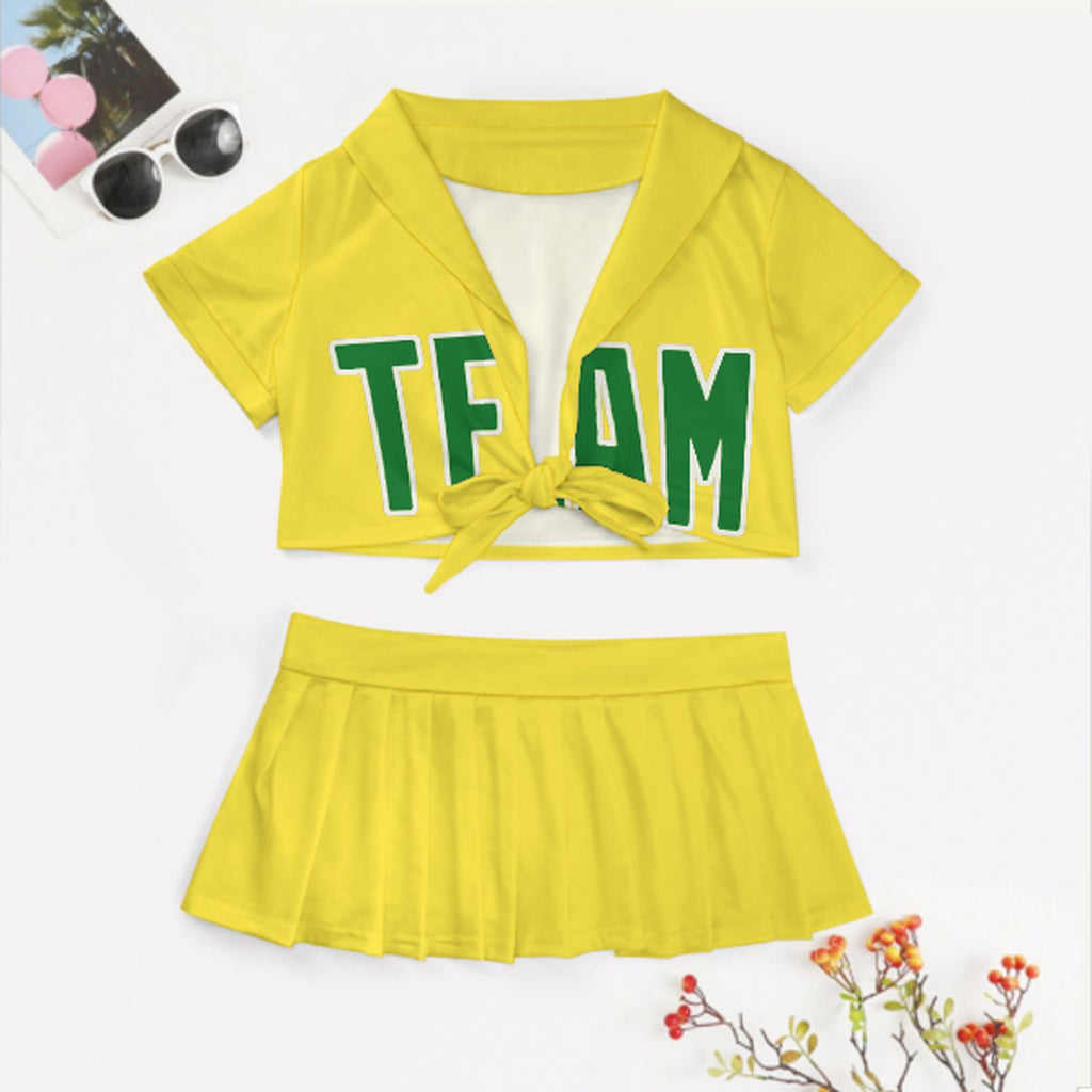 Custom Light Yellow Emerald Green Cheerleading Uniform Set