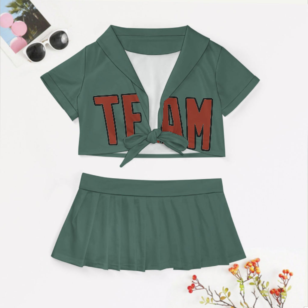 Custom Blue Green Coral Red Cheerleading Uniform Set