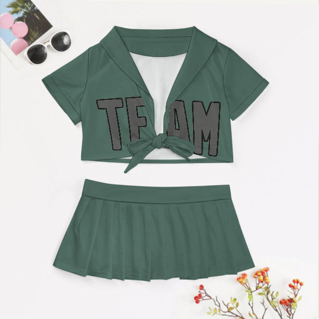Custom Blue Green Dark Grey Cheerleading Uniform Set