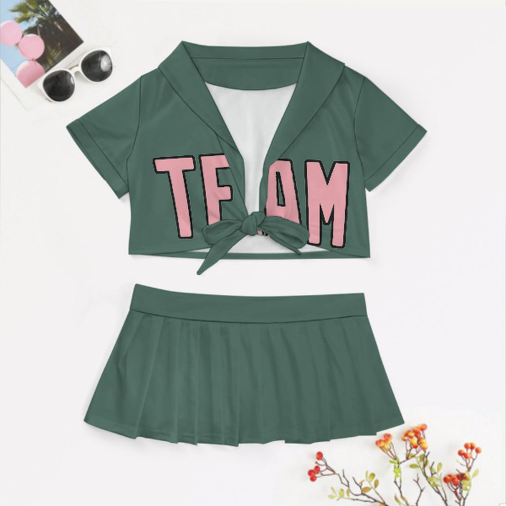 Custom Blue Green Light Pink Cheerleading Uniform Set