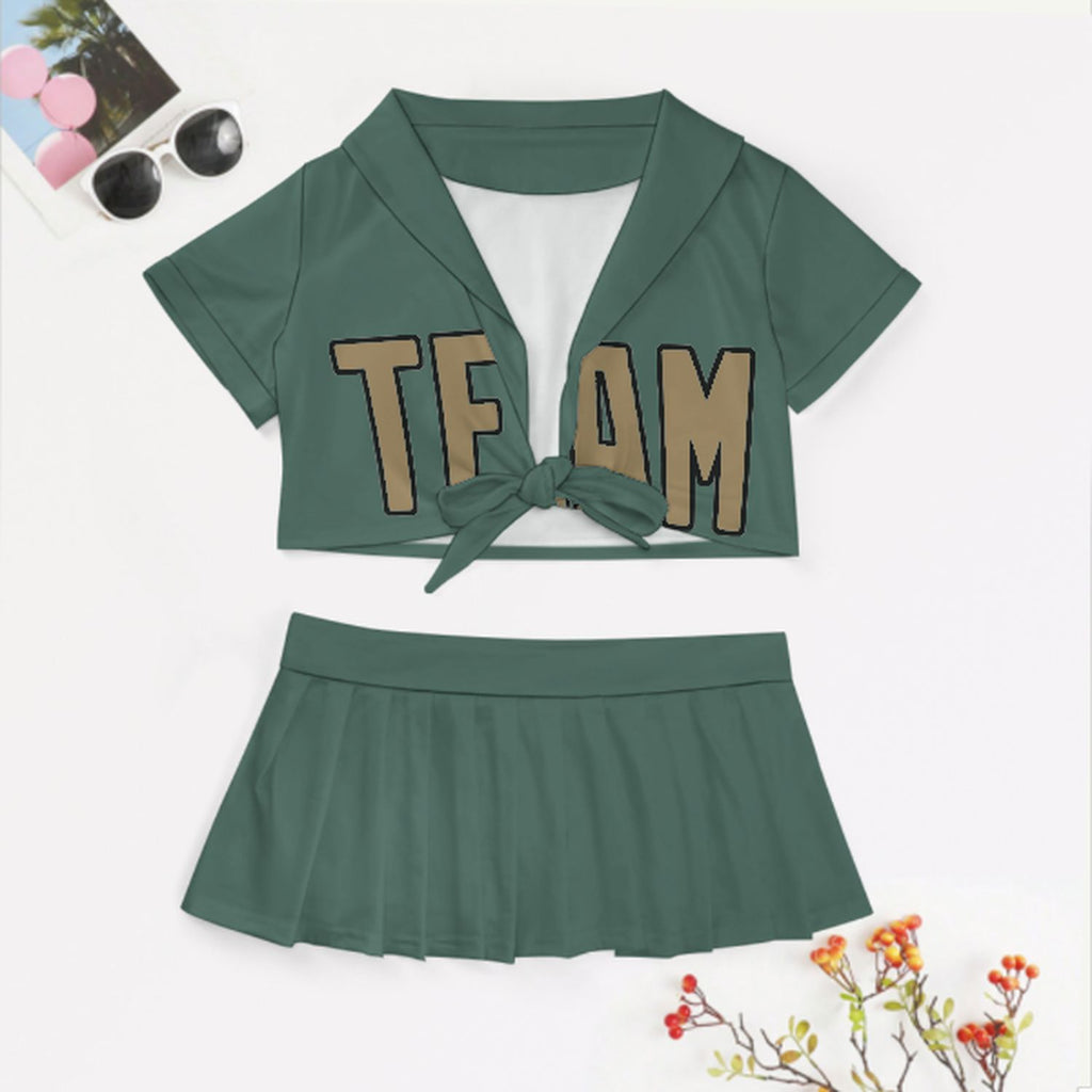 Custom Blue Green Light Khaki Cheerleading Uniform Set