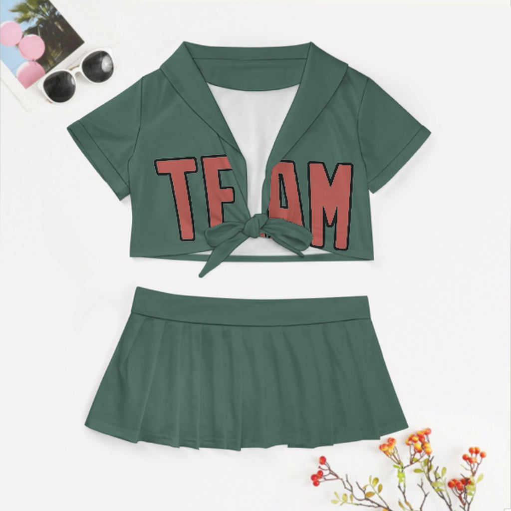 Custom Blue Green Copper Rose Cheerleading Uniform Set