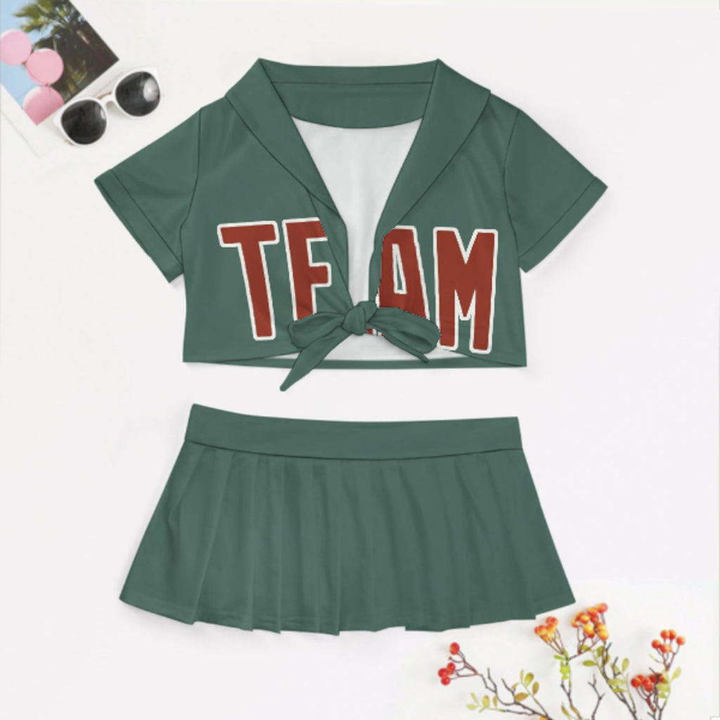 Custom Blue Green Coral Red Cheerleading Uniform Set