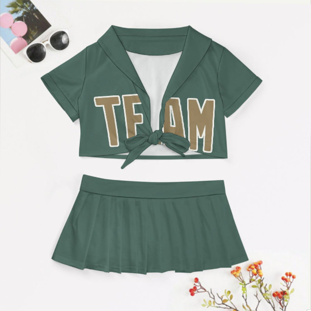 Custom Blue Green Light Khaki Cheerleading Uniform Set