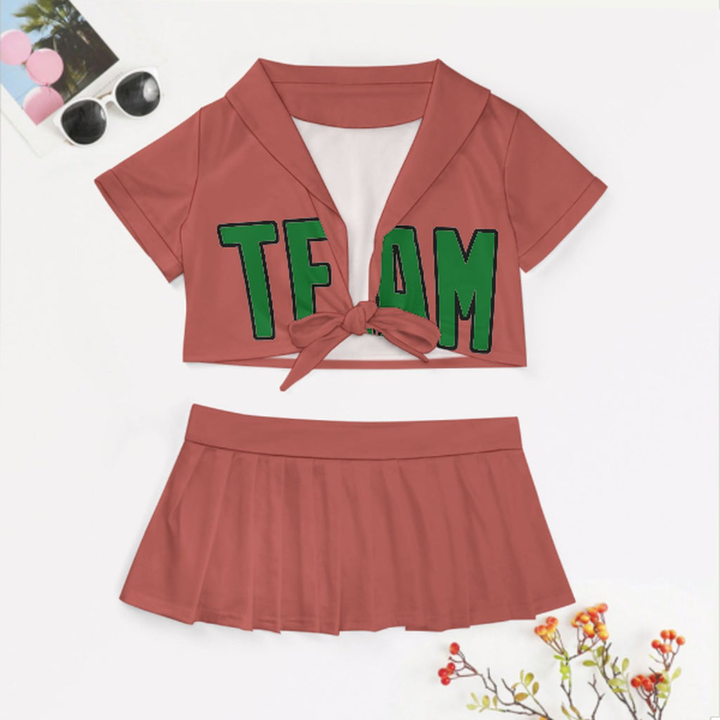 Custom Copper Rose Emerald Green Cheerleading Uniform Set
