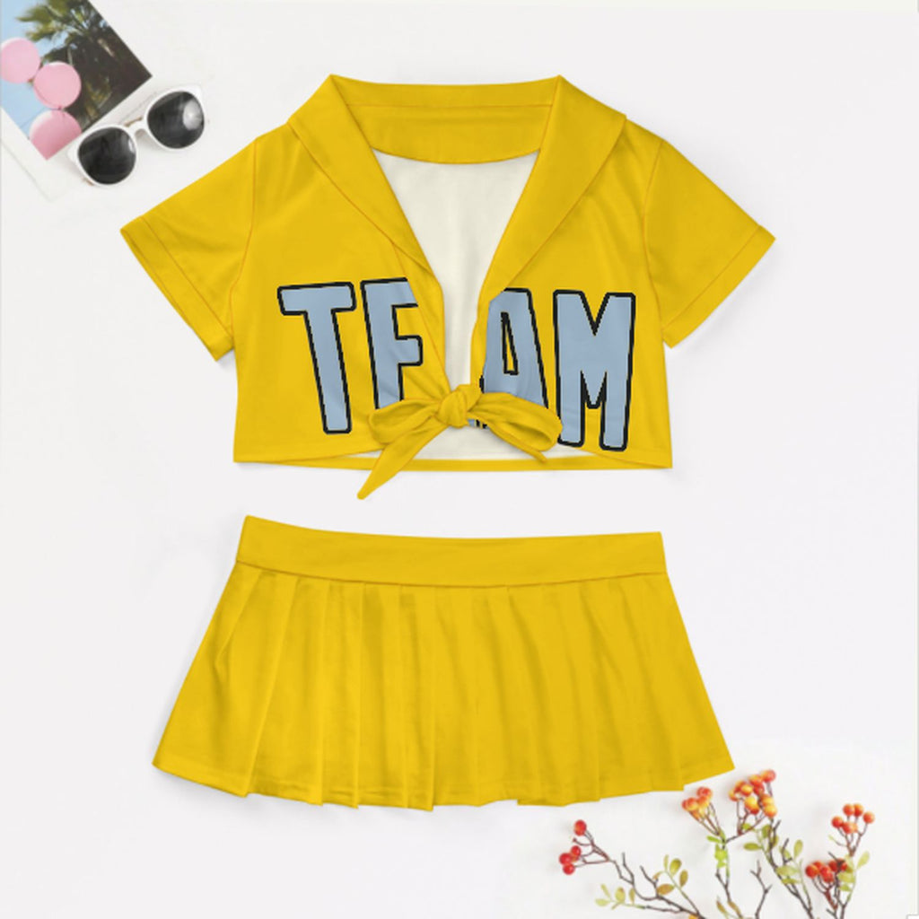 Custom Gold Light Blue Cheerleading Uniform Set