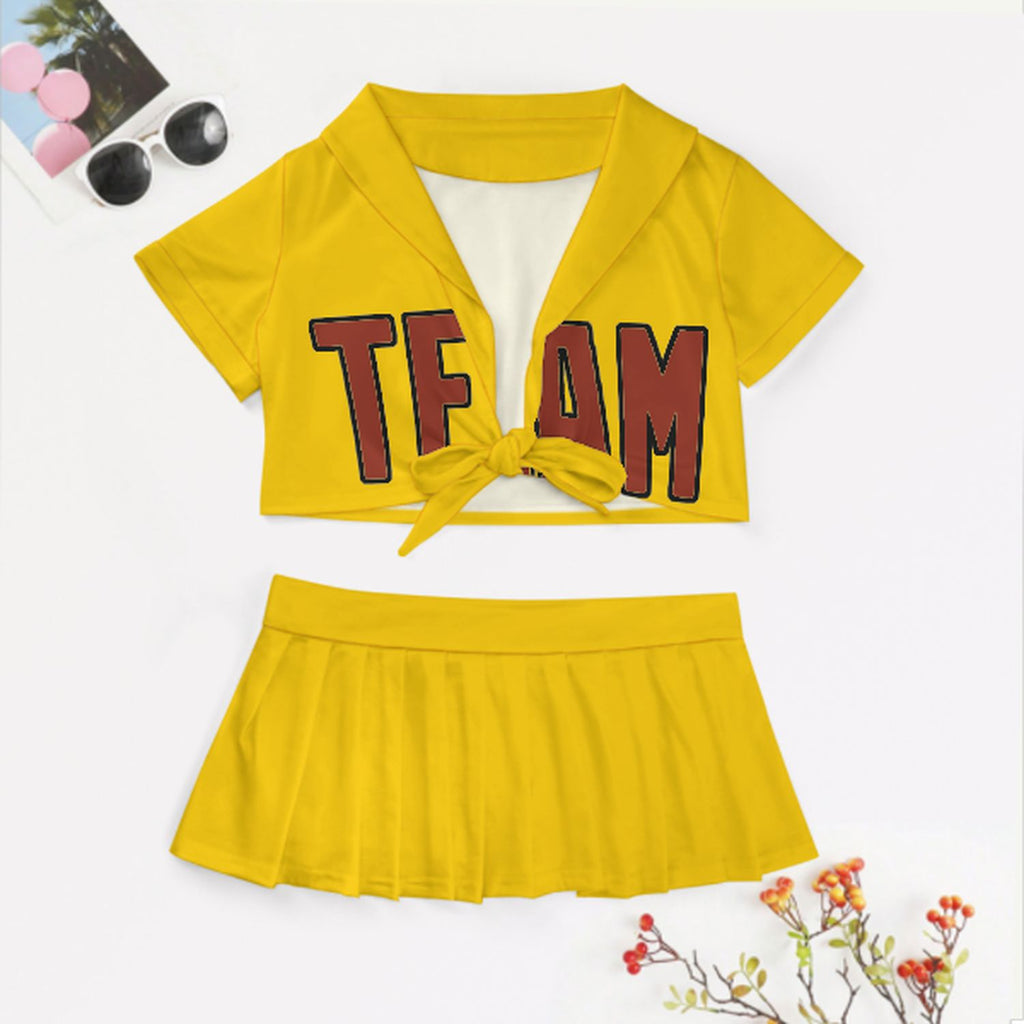 Custom Gold Coral Red Cheerleading Uniform Set