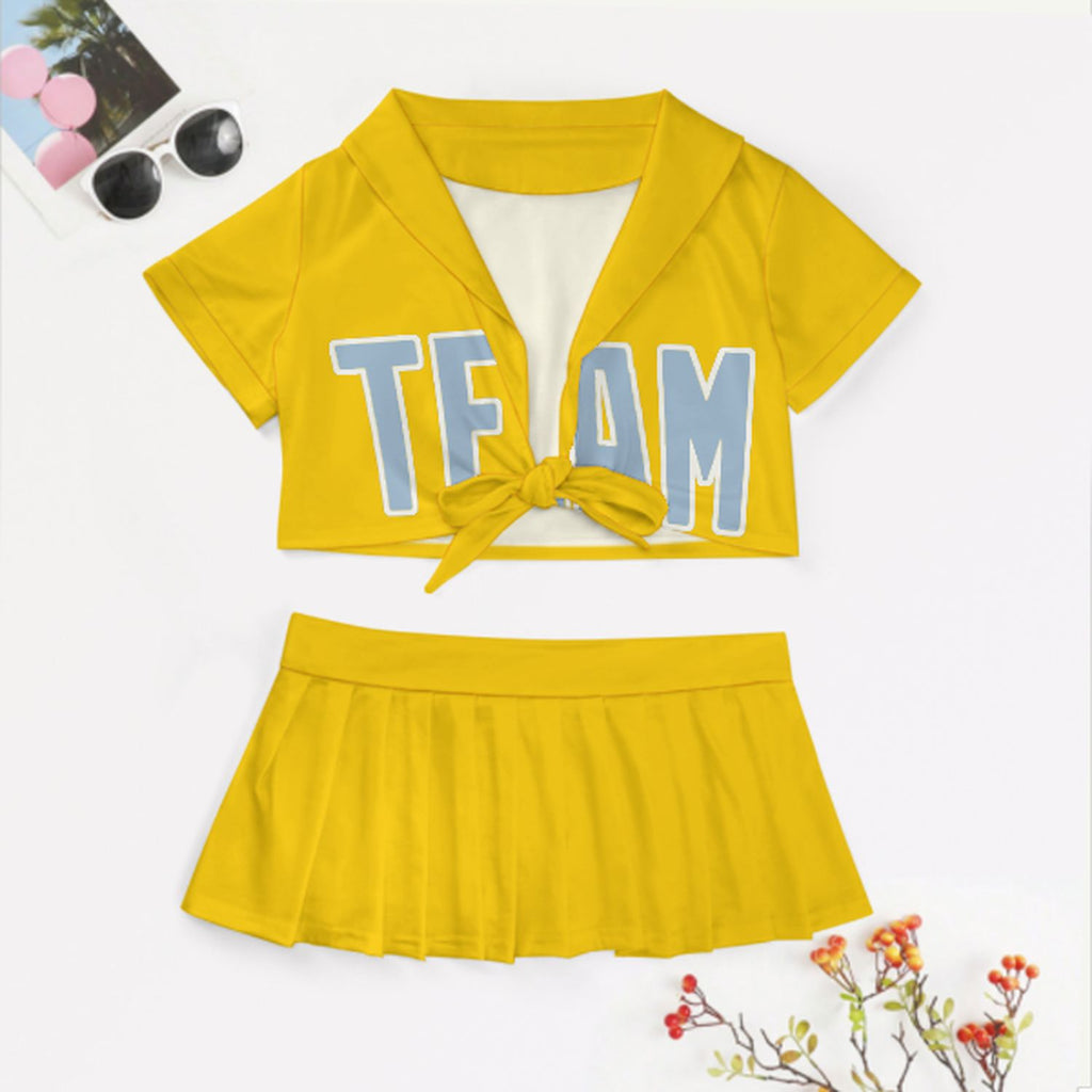 Custom Gold Light Blue Cheerleading Uniform Set