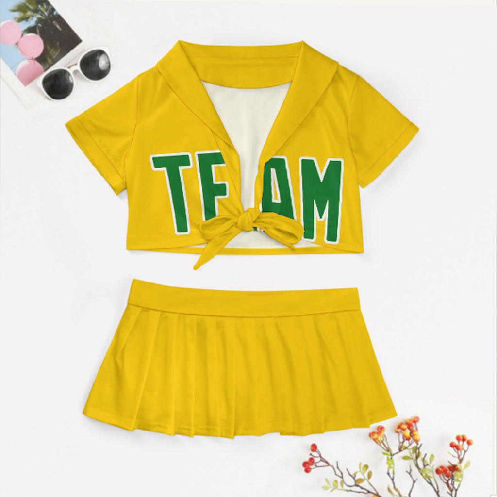 Custom Gold Emerald Green Cheerleading Uniform Set