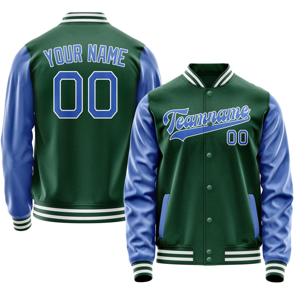 Custom Kelly-Green Light-Blue Solid Color Varsity Letterman Jacket JA02240617ZF220