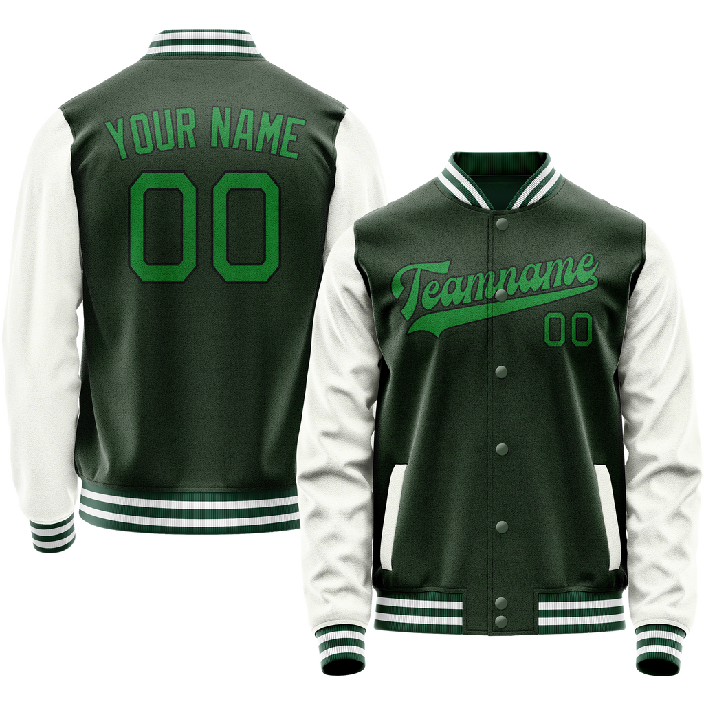 Custom Green White Solid Color Varsity Letterman Jacket JA02240617JG189