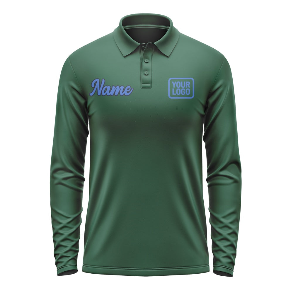 Custom Green Sky Blue Long Sleeve Polo Shirt