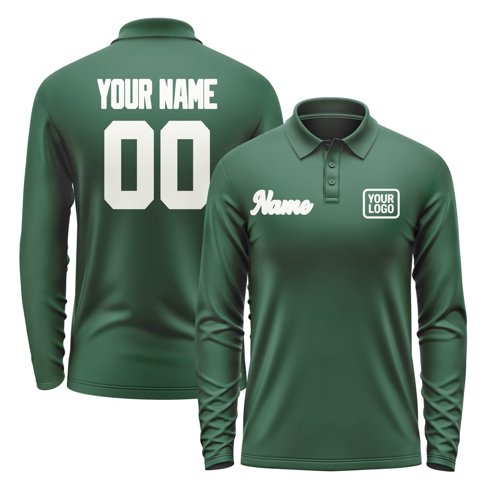 Custom Green White Long Sleeve Polo Shirt