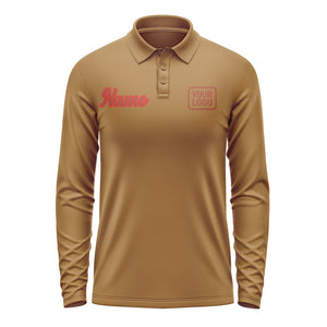 Custom Khaki Coral Red Long Sleeve Polo Shirt
