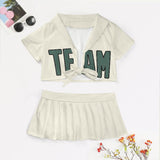 Custom Cream Blue Green Cheerleading Uniform Set