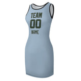 Custom Light Blue Dark Green Sleeveless Vest Dress
