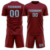 Custom Crimson Red Light Blue Soccer Jersey