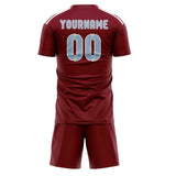 Custom Crimson Red Light Blue Soccer Jersey