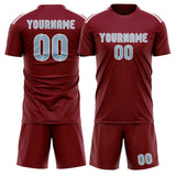 Custom Crimson Red Light Blue Soccer Jersey