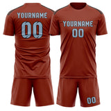 Custom Coral Red Light Blue Soccer Jersey