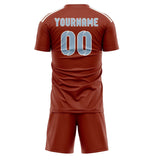 Custom Coral Red Light Blue Soccer Jersey