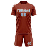 Custom Coral Red Light Blue Soccer Jersey